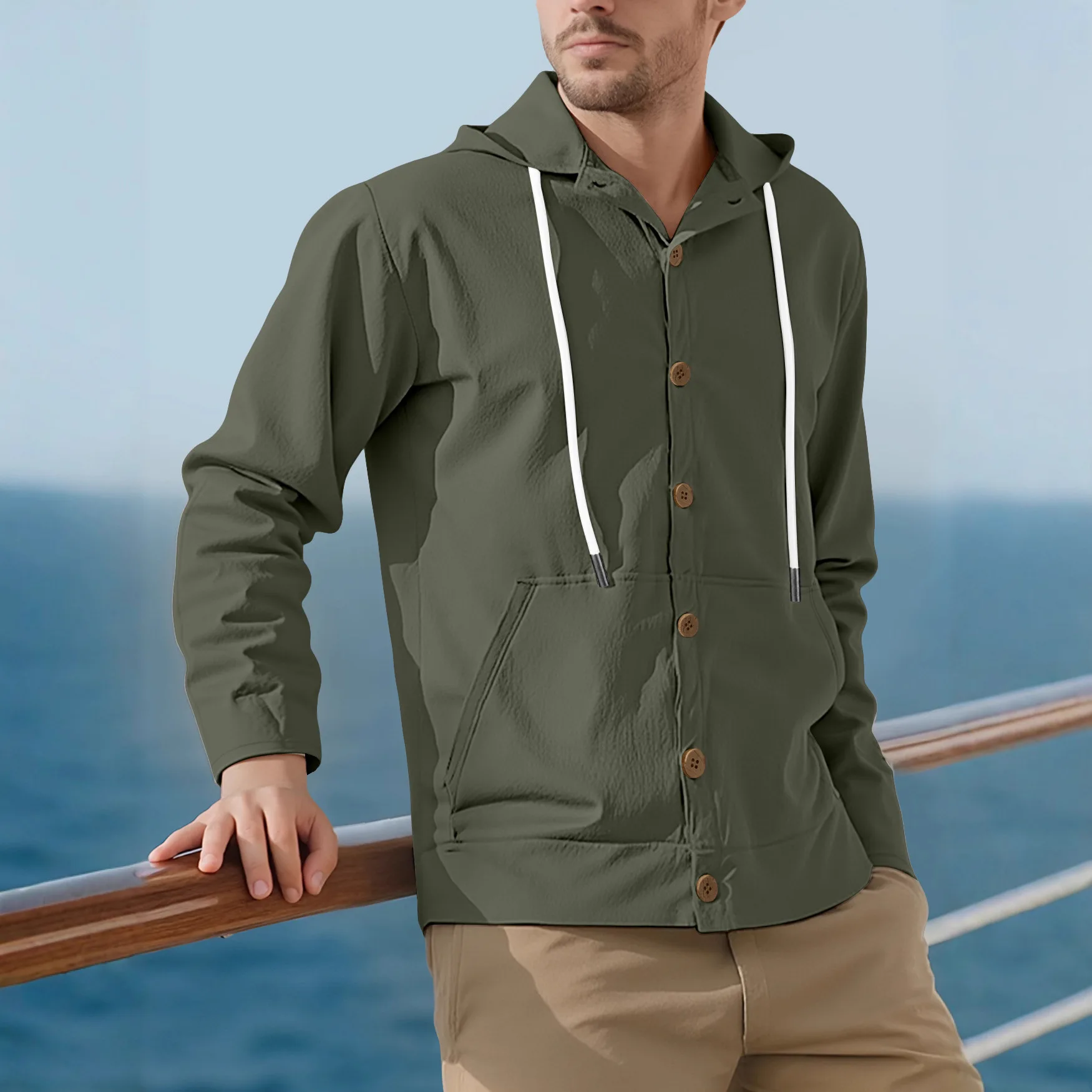 Men's Hooded Lightweight Cotton Linen Long Sleeve Cardigan Breathable Casual Solid Button-Up Drawstring Sweatshirts with Pockets