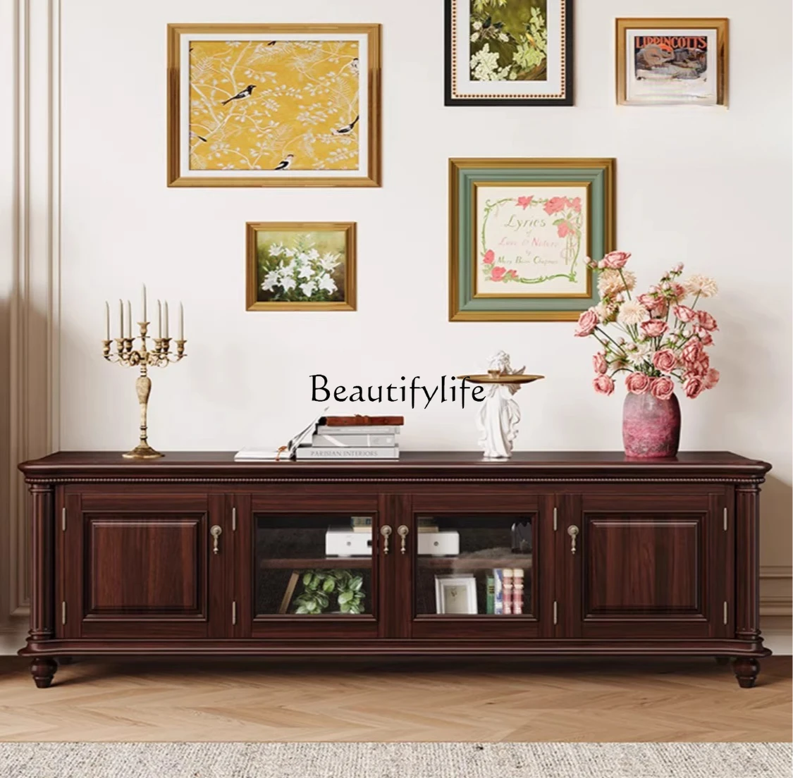 

American Retro Country Style TV Cabinet Storage All Solid Wood Floor Cabinet