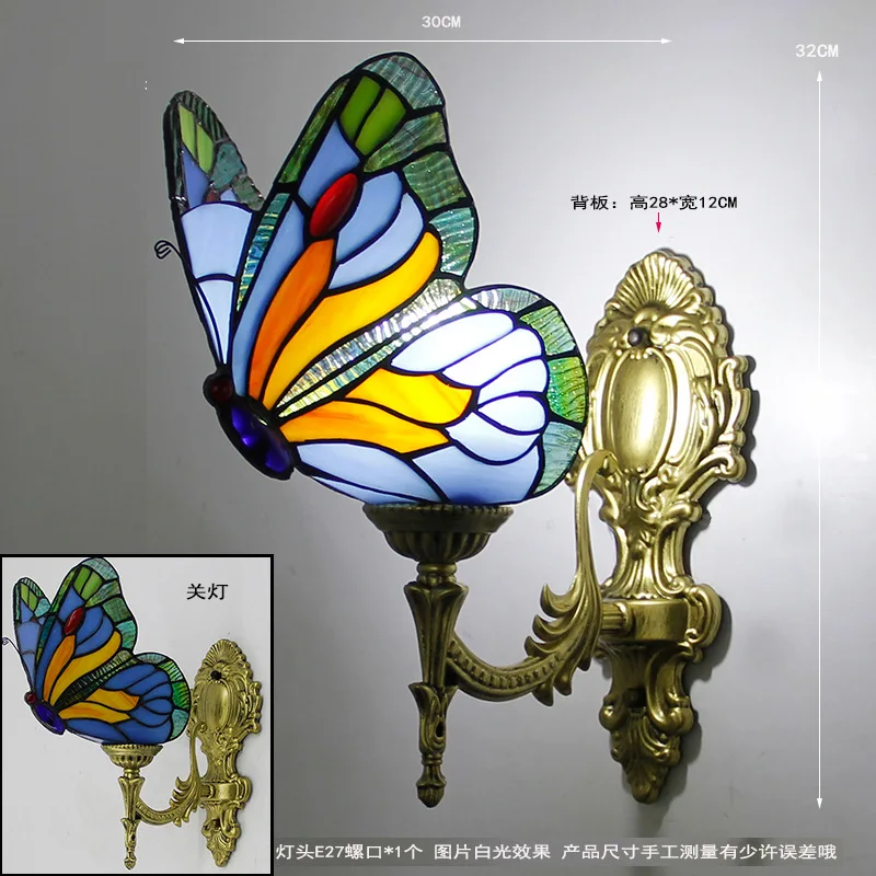 European Rustic Vintage Butterfly Wall Sconce Living Room Bedroom Villa Aisle Tiffany Wall Lamp E27 220V 110V