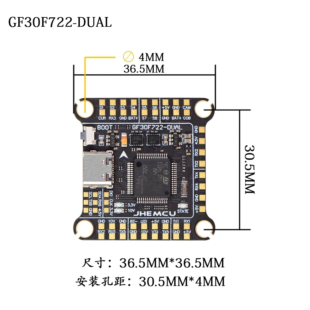 Controlador de vuelo JHEMCU GF30F722-Dual F722 doble BEC doble giroscopio 3-6S Lipo 30,5*30,5mm para Dron de estilo libre RC FPV