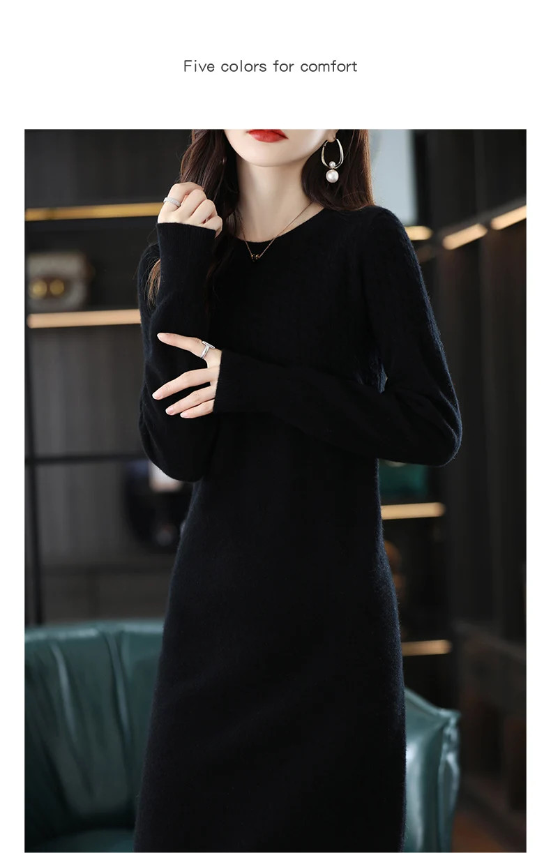Round Neck Cashmere Dress Women's Long Pullover Sweater Autumn And Winter New Knitted Knee-Length Pure Wool Dress