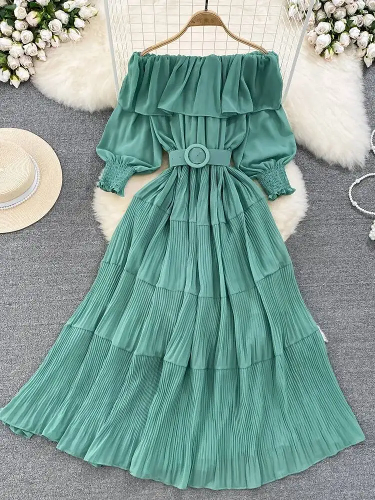 

Women Vintage Off Shoulder Dress Chiffon Summer Sweet Lotus Leaf Edge Elegant Pleated Dresses Ladies Evening Party Long Dress
