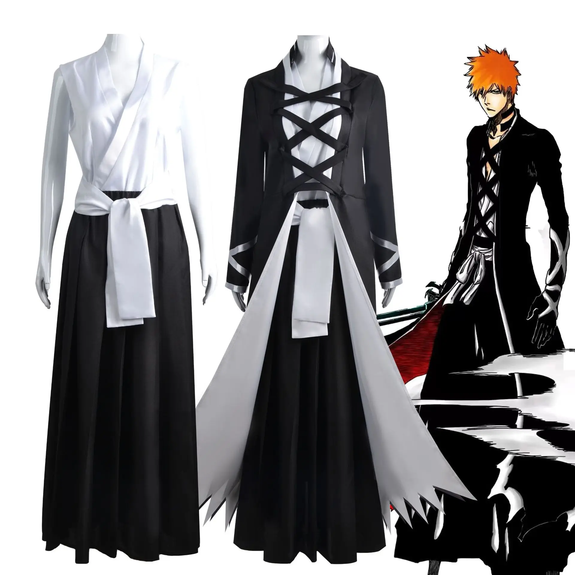 Cosplay Anime Alvejante fantasia masculina Kurosaki Ichigo, Guerra de Sangue de Mil Anos, saia, cinto, traje Shinigami, uniforme de Halloween