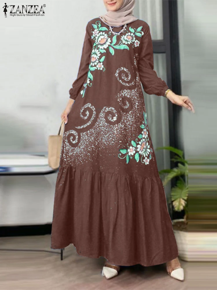 ZANZEA Elegant Women Spring Floral Print Muslim Dress Maxi Sundress Robe Femme Long Sleeve Vestidos Turkey Dubai Abaya Kaftan