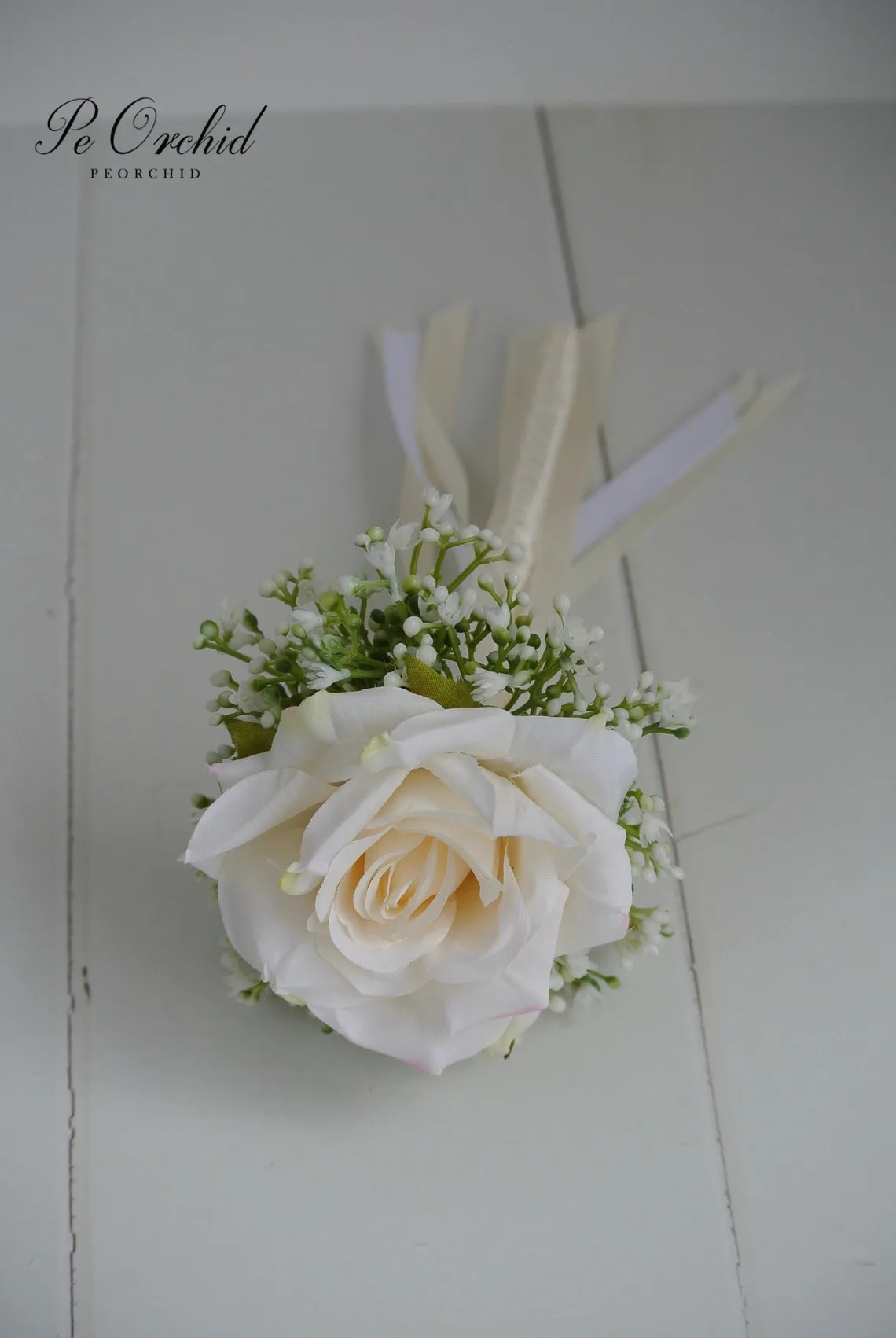 PEORCHID Cute Ivory Flower Girl Wand Artificial Ivory Rose Baby Breath Wedding Flower Bouquet Faux Bridesmaid Bouquets