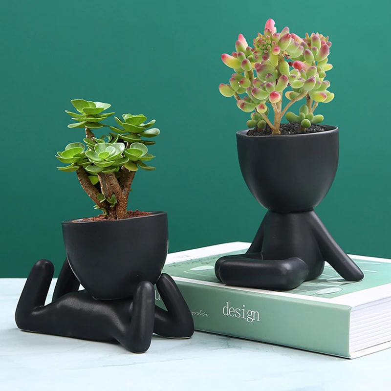 Nordic Creative Humanoid Suculentas Ceramic Planter INS Simple Modern Home Decoration Small Figure Modeling Black Flowerpot