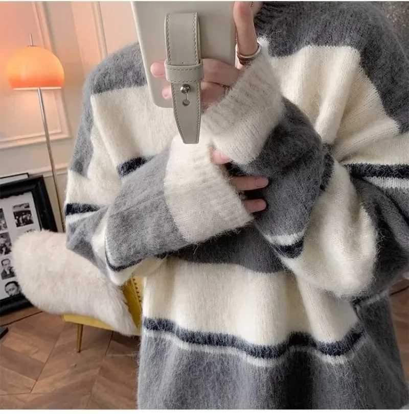 

Striped Ladies Sweater Autumn Winter Pullovers Korean Knitwears Long Sleeve Clothes Knit Top Y2k Fashion Women Men Sweaters 후드티