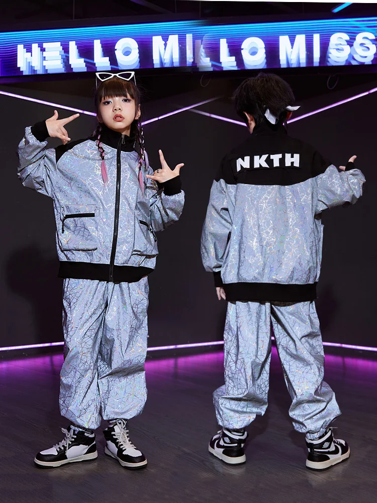 

Kid Cool Hip Hop Clothing Reflective Geometry Print Jacket Top Casual Jogger Pants for Girl Boy Jazz Dance Costumes Clothes Set
