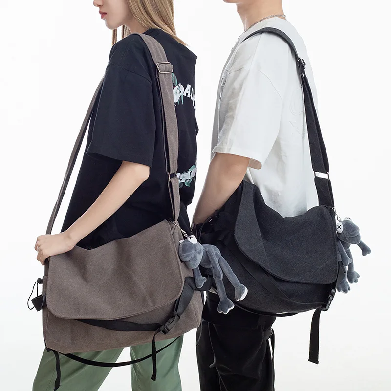 Solid Color Flip Cover Canvas Crossbody Bag for Men Simple Shoulder Bag, Casual Students School Bags, Teen Messenger Bag Satchel