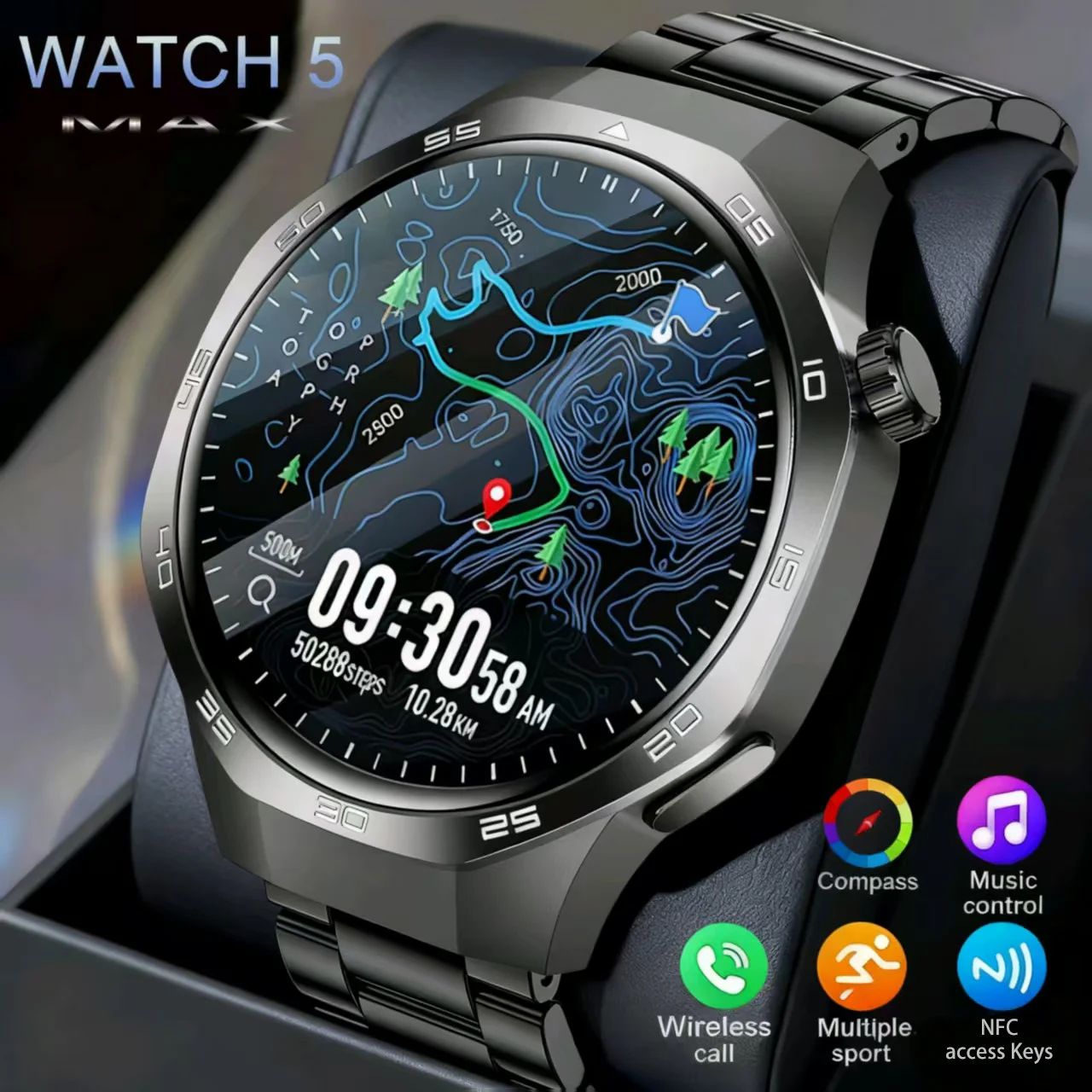 

New sport Watch5 max Smart Watch 1.53 Inch HD AMOLED Screen NFC GPS Tracker Bluetooth Call Health Monitoring Watch Men Women