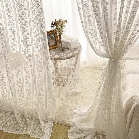 흰 꽃 레이스 Tulle 커튼 창 슬라이딩 도어 주방 조명 반투명 거실 깎아 지른 낭만적 인 홈 인테리어