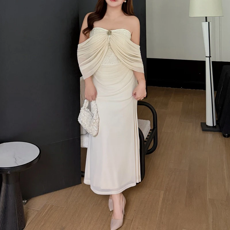 

4XL Fashion Plus Size Woman Clothing Mermaid Dresses Premium Strapless Off Shoulder Fishtail Dress French Slim Two Ways To Wear