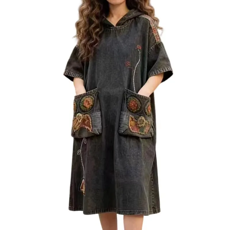 Amax LuluE Sommer Vintage Lockeres Jeanskleid Damen 2026 Mode Lässige Stickerei Vestidos Britische Klassische Luxus-Kleidung für Frauen