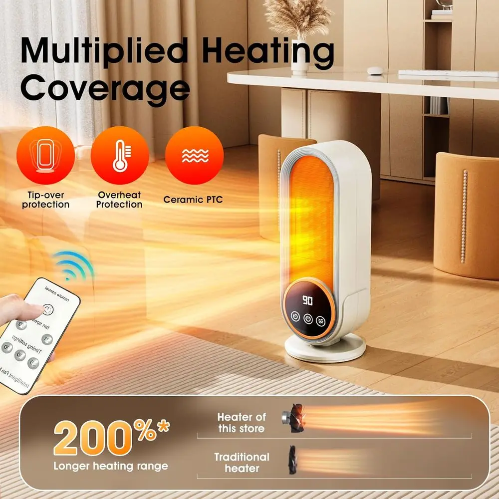 Energy-Saving Portable Heater with Adjustable Thermostat, 1200W Ceramic Heating, Remote Control & Timer, Purple