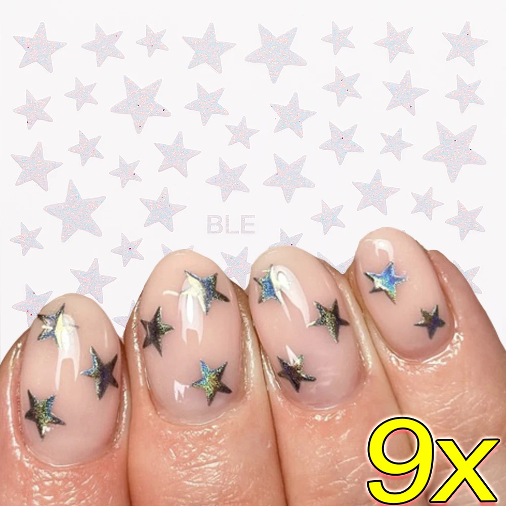 

9PCS Glitter Silver Black White Star 3D Nail Art Sticker Self-Adhesive Laser Shiny Glitters Starlight Manicure Ornaments Slider