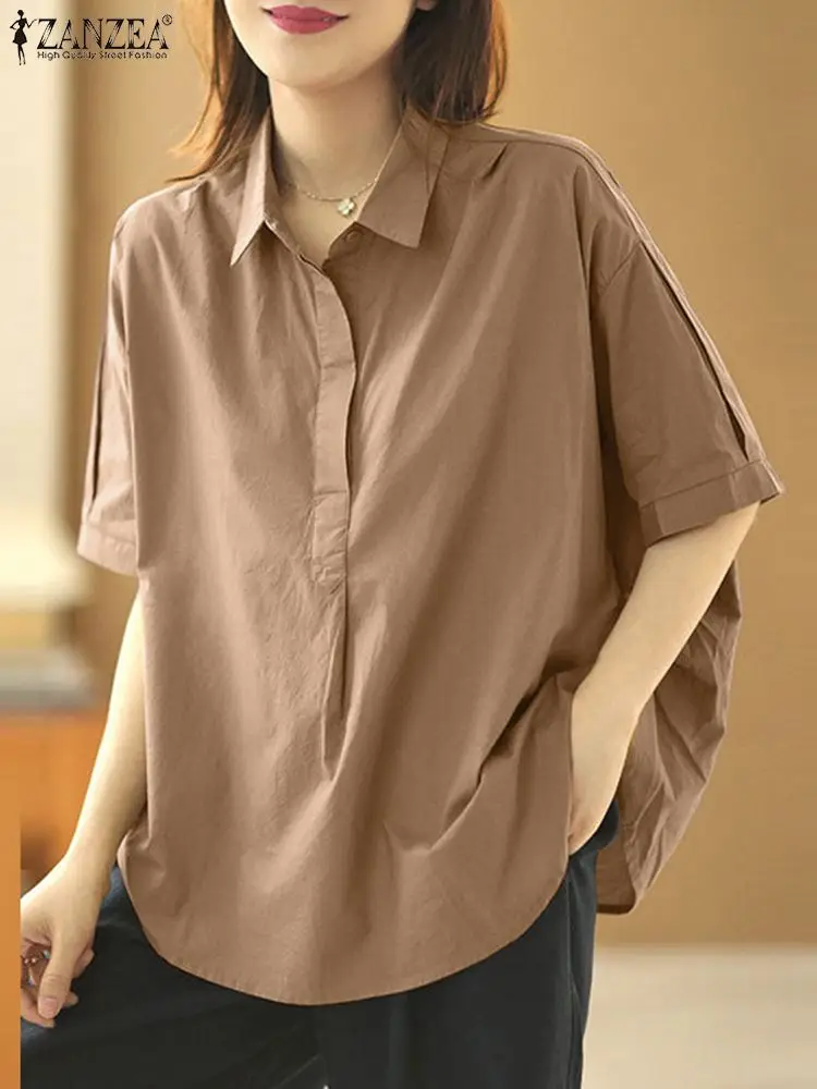 ZANZEA Summer Women Casual Baggy Blouse Fashion Lapel Neck Short Sleeve Solid Shirt Female Elegant OL Work Tops Buttons Blusas