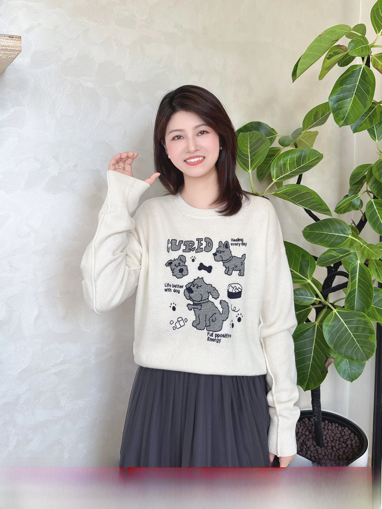 

Zillal 00 шерстяной вязаный свитер с вышивкой для собак, длинный свеч, круглый теплый осенне-зимний женский топ