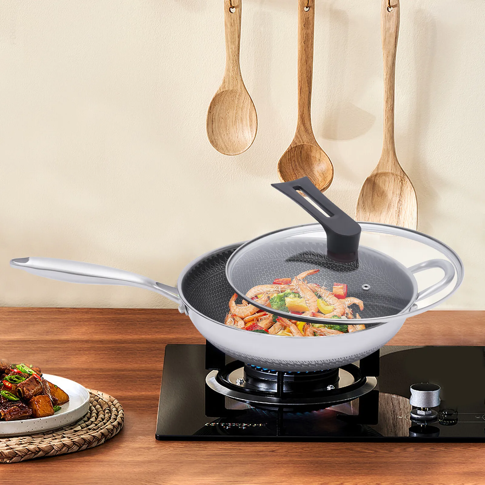 

Двусторонняя сковорода-вок с антипригарным покрытием и крышкой из нержавеющей стали