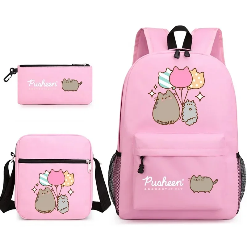 Pusheened Cat three-piece satchel Casual male and female student backpack Printed large capacity outdoor backpack