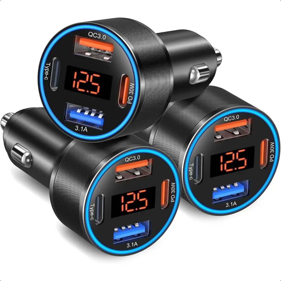

3 Pack USB C Car Charger 4Port 65W Dual 12V USBA USBC Cigarette Lighter Adapter Plug with Voltmeter PD QC 3.0 Fast Charging Car