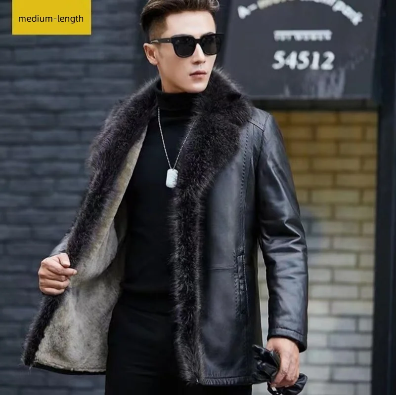 

New Winter Mens Clothing New Fur collar Turn-down Genuine Leather Men Solid Color Outerwear Coat Thick Warm Parkas
