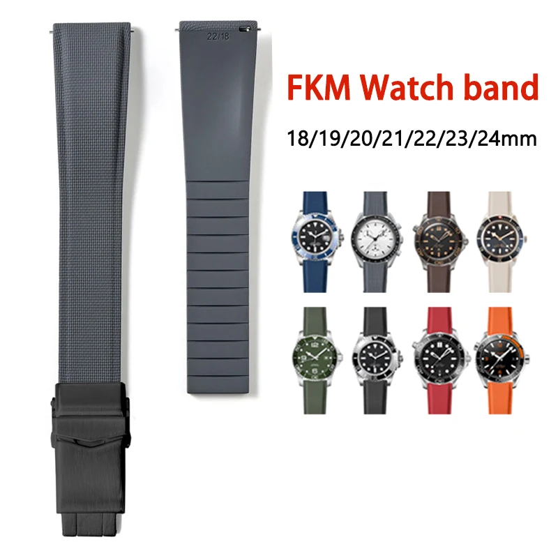 CTS Maßgeschneidertes Fluorkautschuk-Uhrenarmband 18/19/20/21/22/23/24mm FKM Faltschließe Herren Universal Flaches Ende Ersatz-Uhrenband