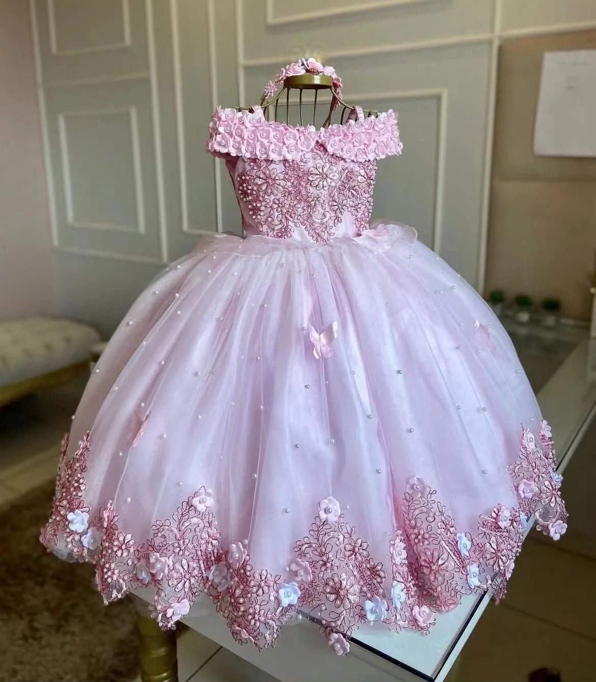 Abito da ragazza di fiore per bambina rosa chiaro per matrimonio Tulle Puffy Applique Perle Abiti da ballo per prima comunione per festa di compleanno per bambini