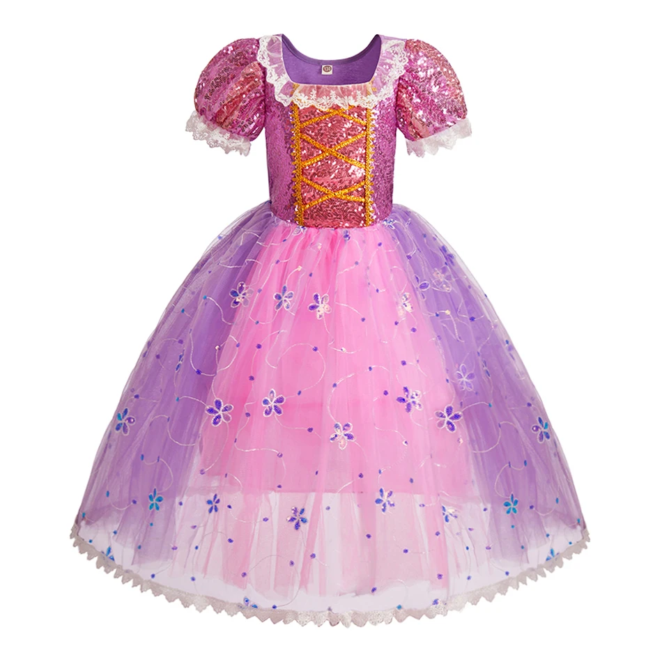 Children Princess Dress Little Girls Rapunzel Purple Dress Snow White Costume Kids Summer Cosplay Layered Gown Elegant Dress Up