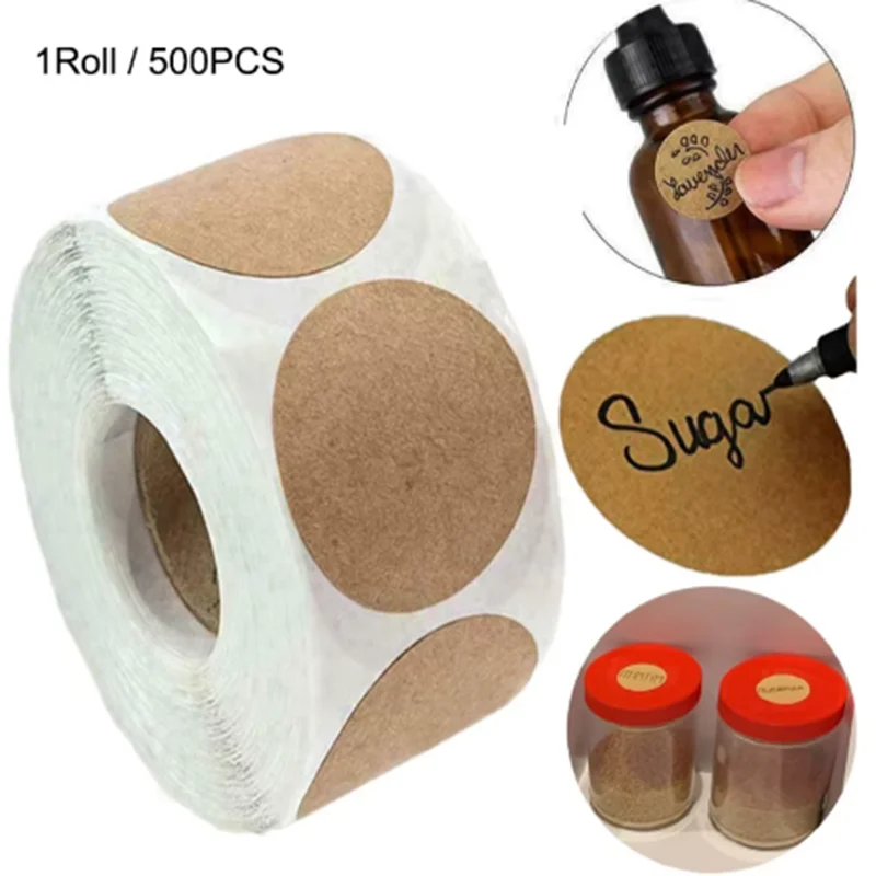 500 Pcs / 1 Roll Personalized Labels Kraft Round Self-adhesive Label Paper Items Classification Name Stickers