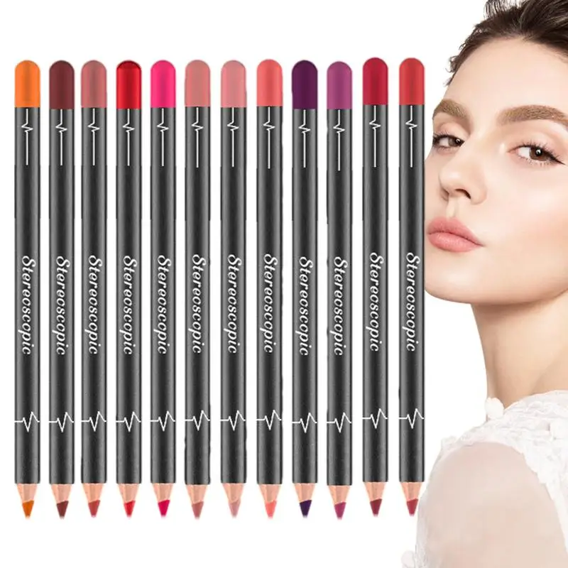 マット肌色リップライナーセット、シルキーペンシル、長持ち、防水リップフグ/ペン、肌色、lipliner、12個