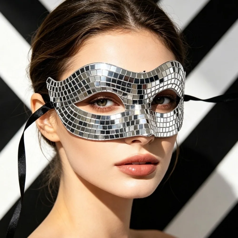 Sparkling Finish Disco Face Mask Mirror Glitter Texture Masquerade Mask Eye Covers Golden/ Silver Costume Mask