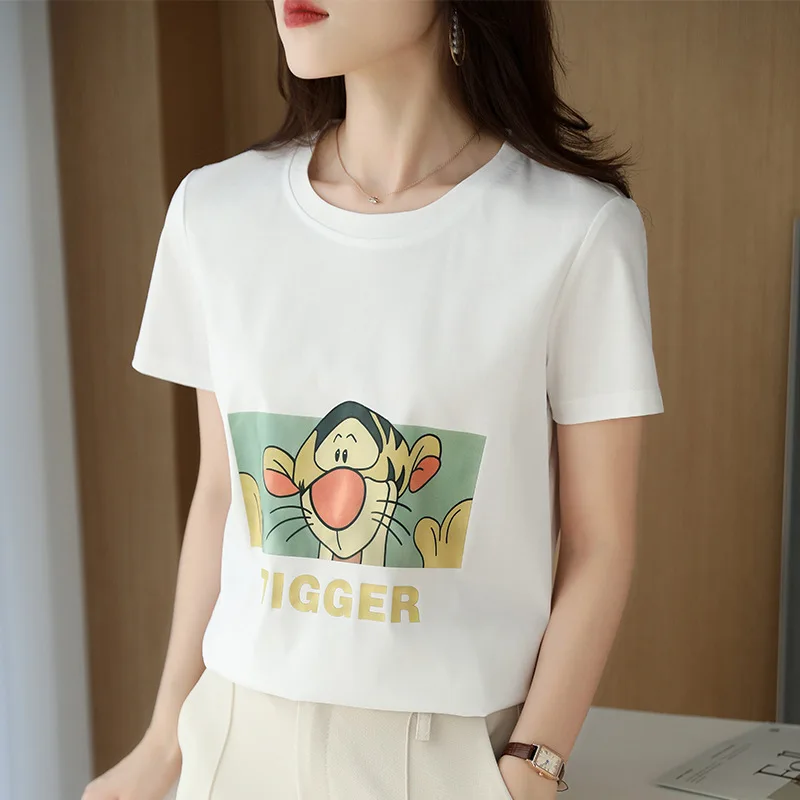 

Loose, Slimming and Youthful Short-sleeved T-shirt with Crew Neck and Tigger Print in Mercerized Cotton for Spring and Summer