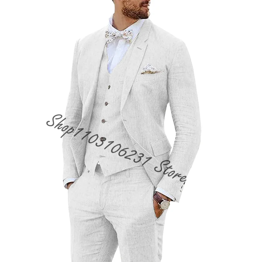 Tailor-made Beach Linen Suits For Men Slim Fit Prom Party Wedding Best Men Groom Tuxedos Blazer Vest Pants 3 Piece Costume Homme