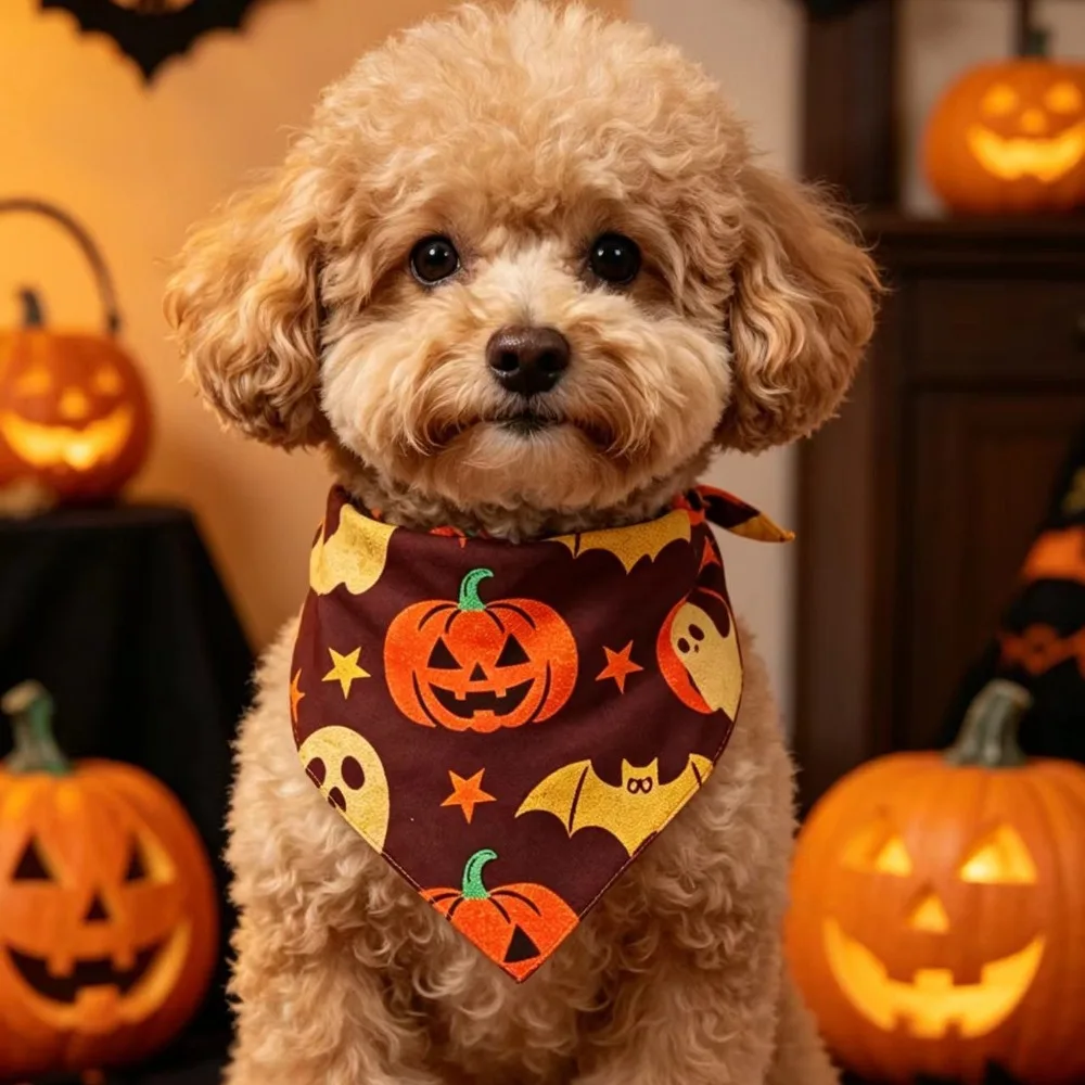 Bandana d'Halloween en polyester pour animaux de compagnie, imprimé citrouille et fantôme, doux et respectueux de la peau, serviette anti-salive pour chat, motif araignée et chauve-souris, résistant à la décoloration