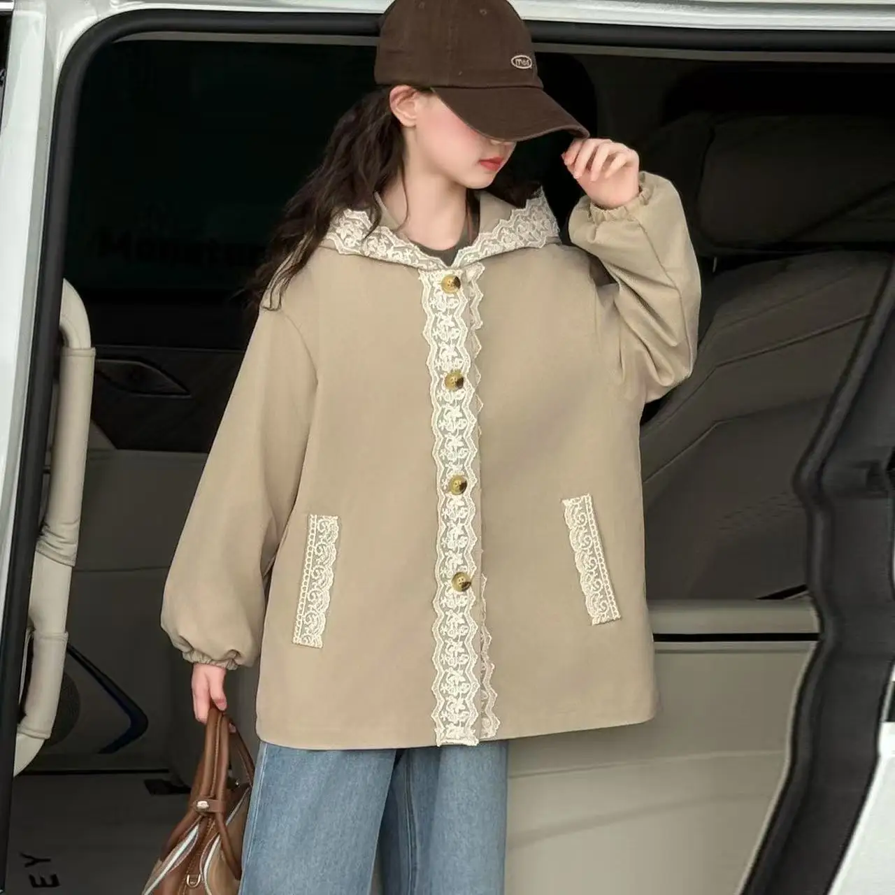 

2026 New Korean Style Lace Trim Windcoat Girls Autumn Casual Hooded Jacket for Big Kids 120-160cm