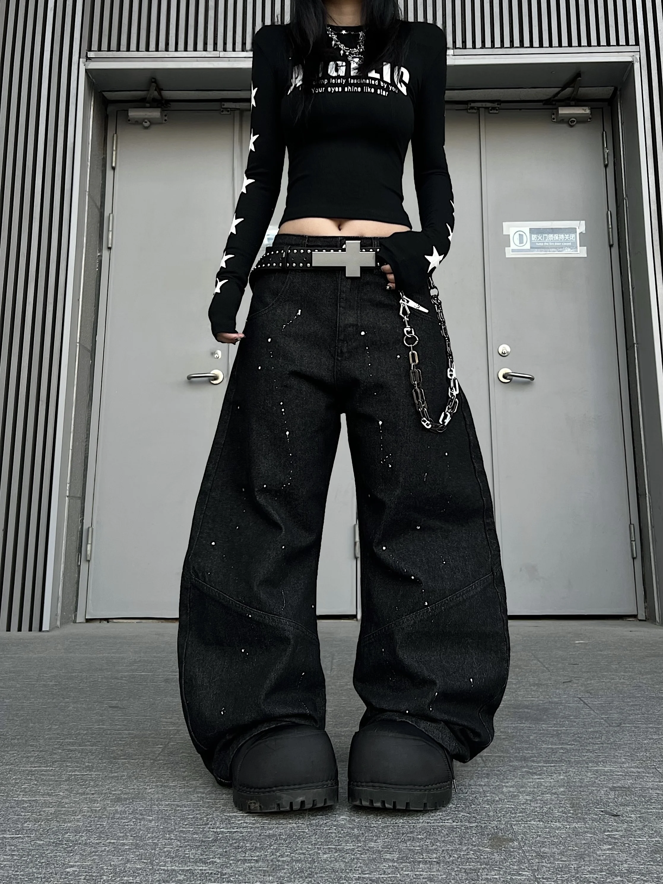 

American Style Brushshift Distressed Patchwork Loose Wide Leg Jeans Knife Pants Casual Comfortable Unisex Denim Trousers