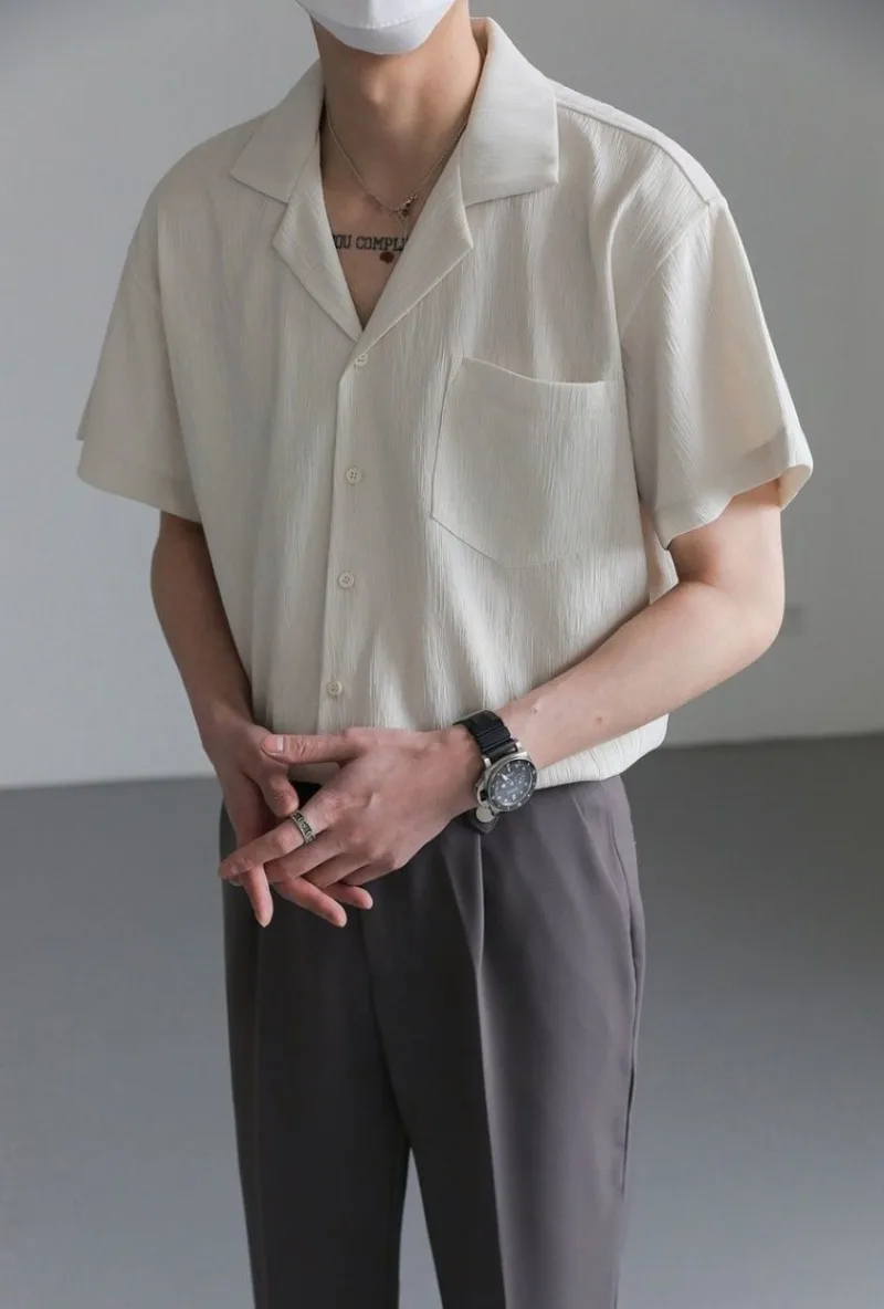 

Loose Casual Men's Cuban Collar Short Sleeve Shirt Set Textured Edgy Handsome Premium Ins Trendy Outfit