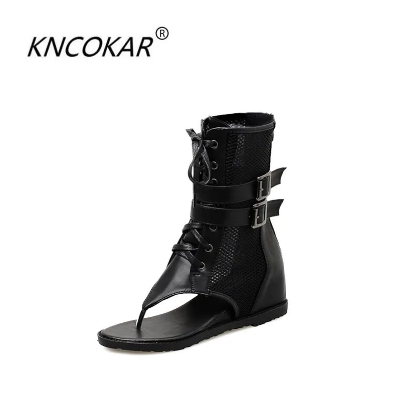 

KNCOKAR The new style of summer high - top mesh clip - toe belt buckle with comfortable inner - height herringbone sandals