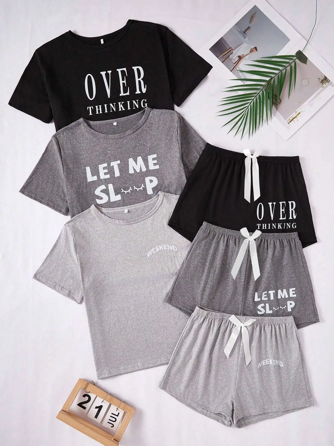 

3pcs Pajama Set Letter Print Casual Short Sleeve T-Shirt And Shorts