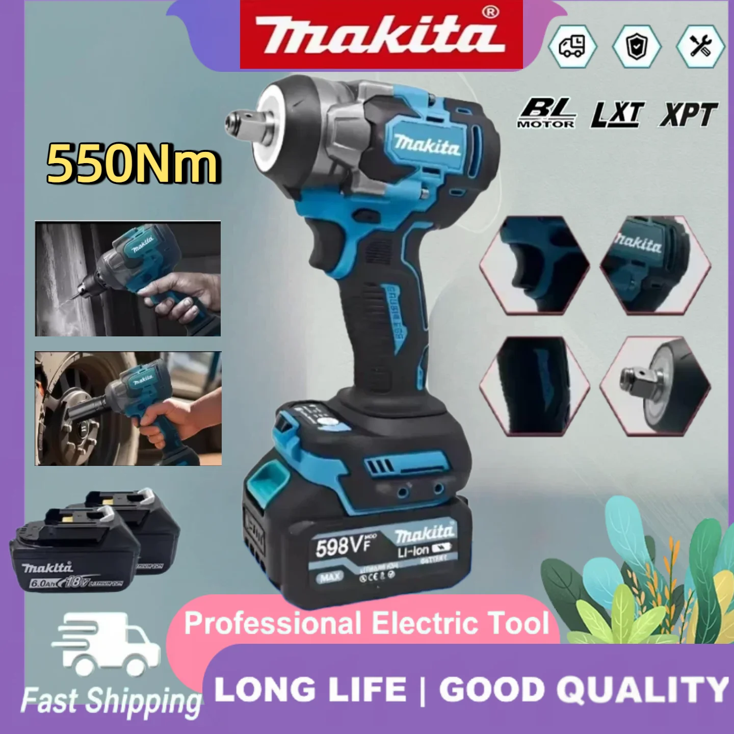 

Аккумуляторный ударный гайковерт Makita 3500IPM 550Нм с высоким крутящим моментом и концентричностью, профессиональный электроинструмент для ремонта электрооборудования