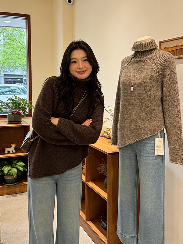 

Fashionable plus Size Set Women's Spring 2026 High Neck Mid-Length Sweater Jeans Loose Two-Piece Suit Casual Commute Style