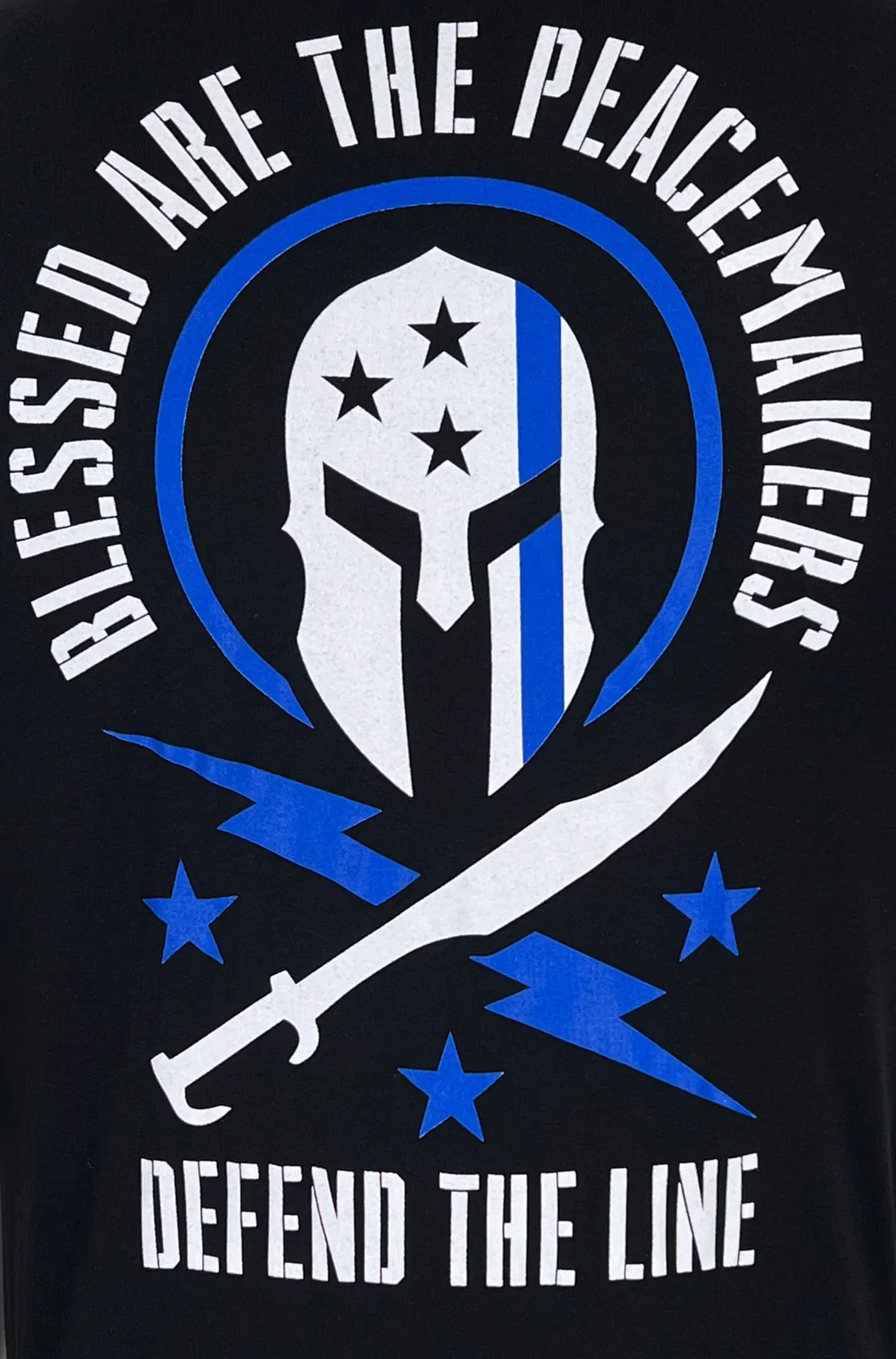 Blessed Are The Peacemakers | Blue Line Spartan Helmet Grunt T-Shirt 100% Cotton O-Neck Short Sleeve Summer Casual Mens T-shirt view 4