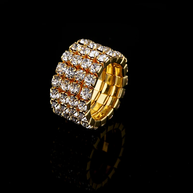 1-5 Rows Gold Color Rings Bridal Wedding Bands Crystal Rhinestone Stretch Finger Rings for Women