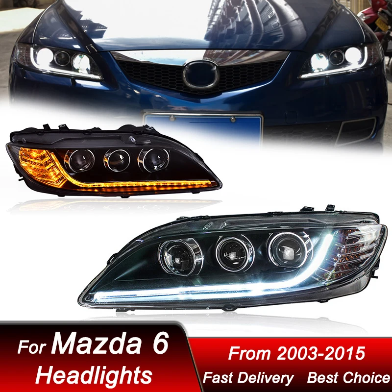 

Автомобильные фары для Mazda 6 2003-2015 новый стиль полный светодиодный налобный фонарь в сборе модернизированная Настройка линзы проектора комплект аксессуаров