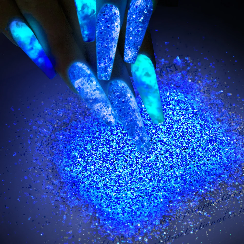 10 g/zak Glow in The Dark Glitter Lichtgevende Chunky Nail Art Glitter Gemengd Fijn Poeder Groen/Blauw Hexagon Halloween nagel Decoratie