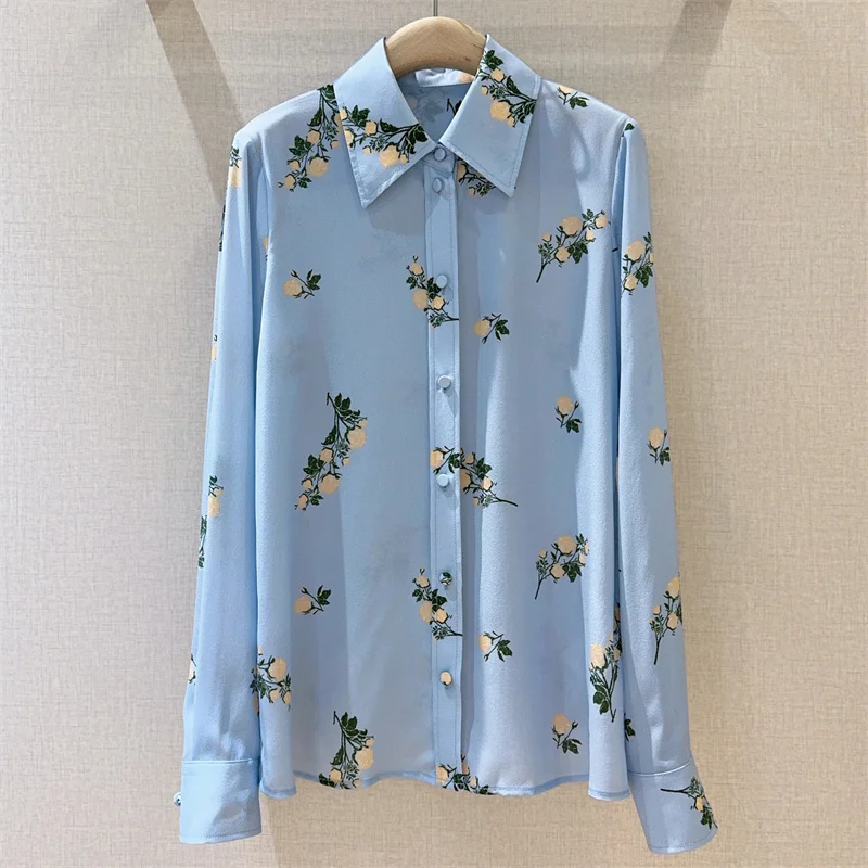 

Women's shirt Fall 2025 single breasted slim fit lapel long sleeved top High quality silk printing Women's blouse y2k Thin coat