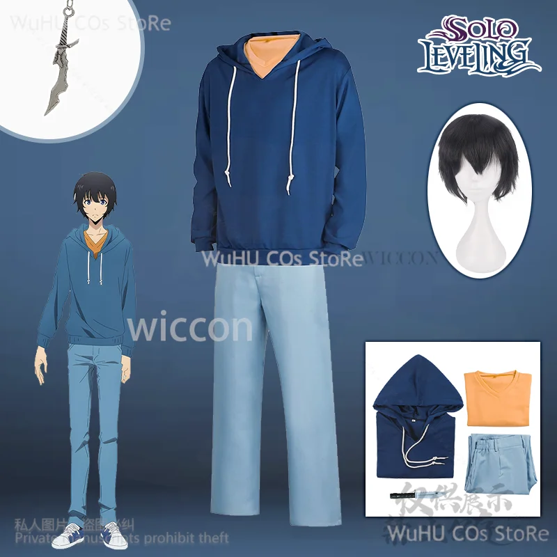 

Sung Jin Woo Cosplay Anime Solo 나 혼자만 레벨업 Costume Blue Uniform Top Pants Wigs Leveling For Halloween Party Man Cos Customized