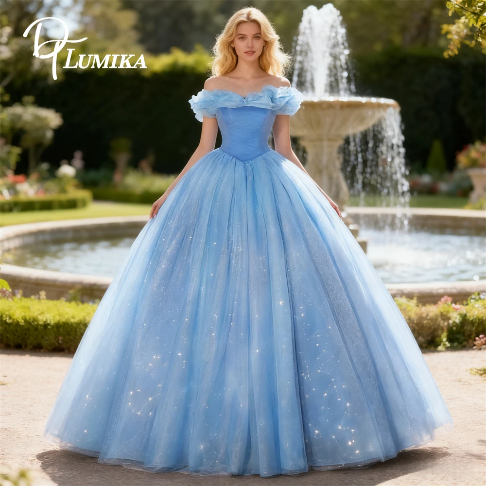 

DTLumika Princess Glitter Tulle Quinceanera Dresses A Line Long Party Prom Gowns Lace-up Closure Adjustable Waist Sweet 15 Dress