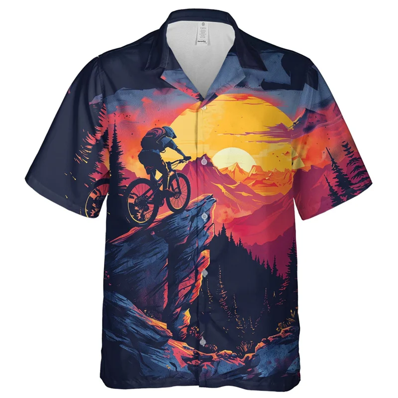 3D Printed Bicycle Cycling Tour Hawaiian Shirt Men Bike Pattern Aloha Shirts Unisex Loose Blouses Lapel Tops Sport Short Sleeve