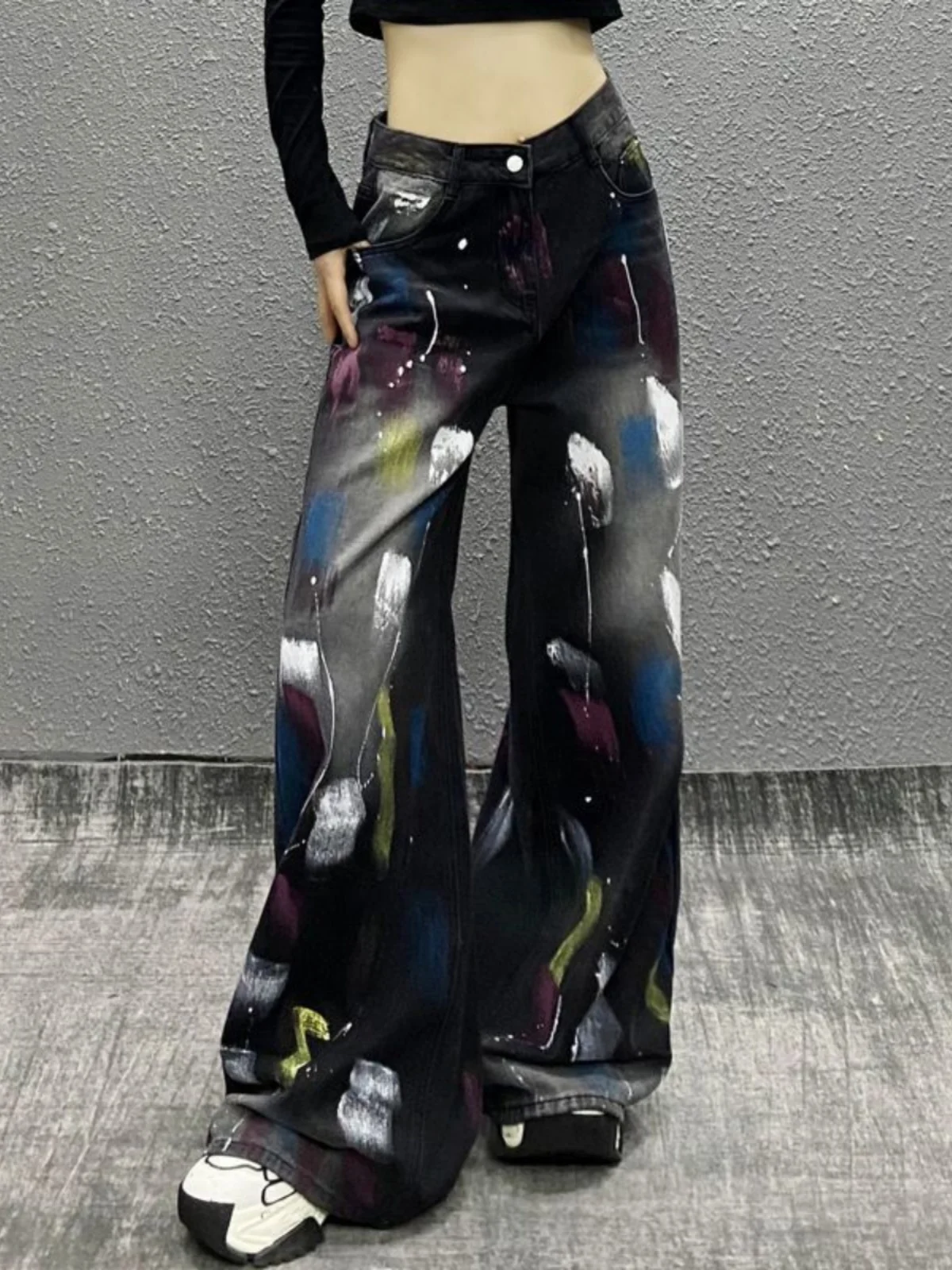 

Casual High Waist Wide Leg Jeans Women's Spring New Loose Slimming Versatile Painted Color Block Denim Pants Long Zipper